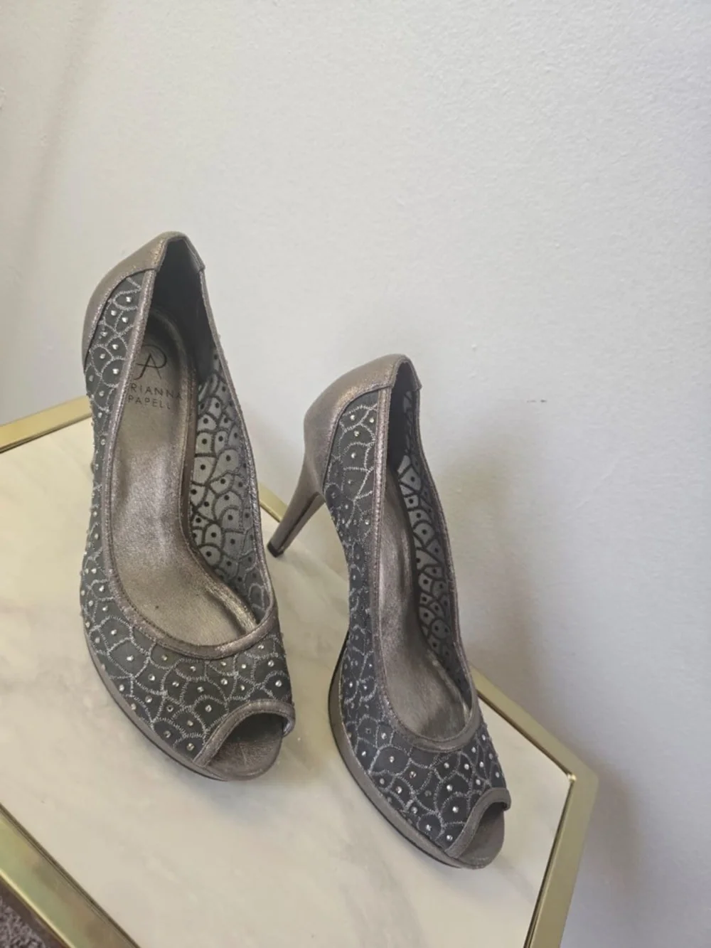 Adrianna Papell Foxy Rhinestones Mesh Gunmetal Peep-Toe Size EU 38. Dress Pumps.